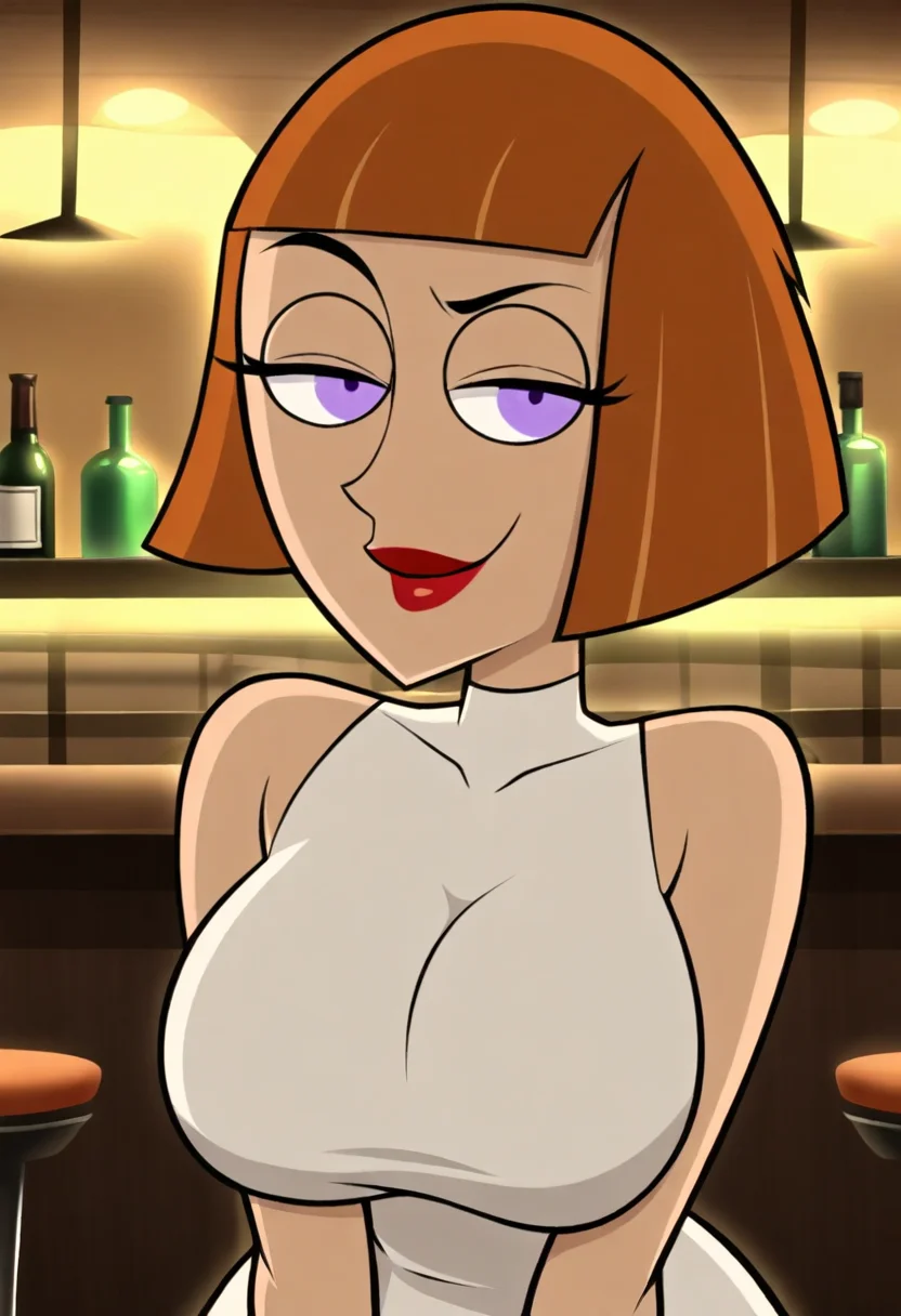 masterpiece,best quality,absurdres, (close-up:1.2), 1girl, Maddie Fenton, curvy, short hair, bob cut, blunt bangs, circular eyes, purple eyes, eyelid, lipstick, large breasts, white dress, sleeveless dress, standing, bar (place)