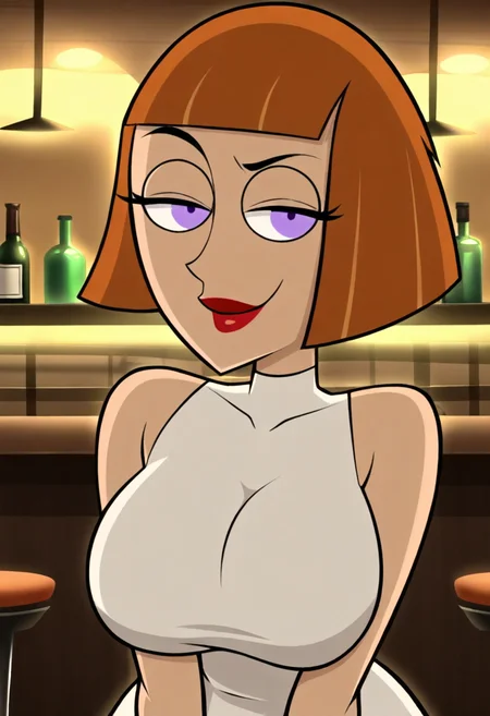 masterpiece,best quality,absurdres, (close-up:1.2), 1girl, Maddie Fenton, curvy, short hair, bob cut, blunt bangs, circular eyes, purple eyes, eyelid, lipstick, large breasts, white dress, sleeveless dress, standing, bar (place)