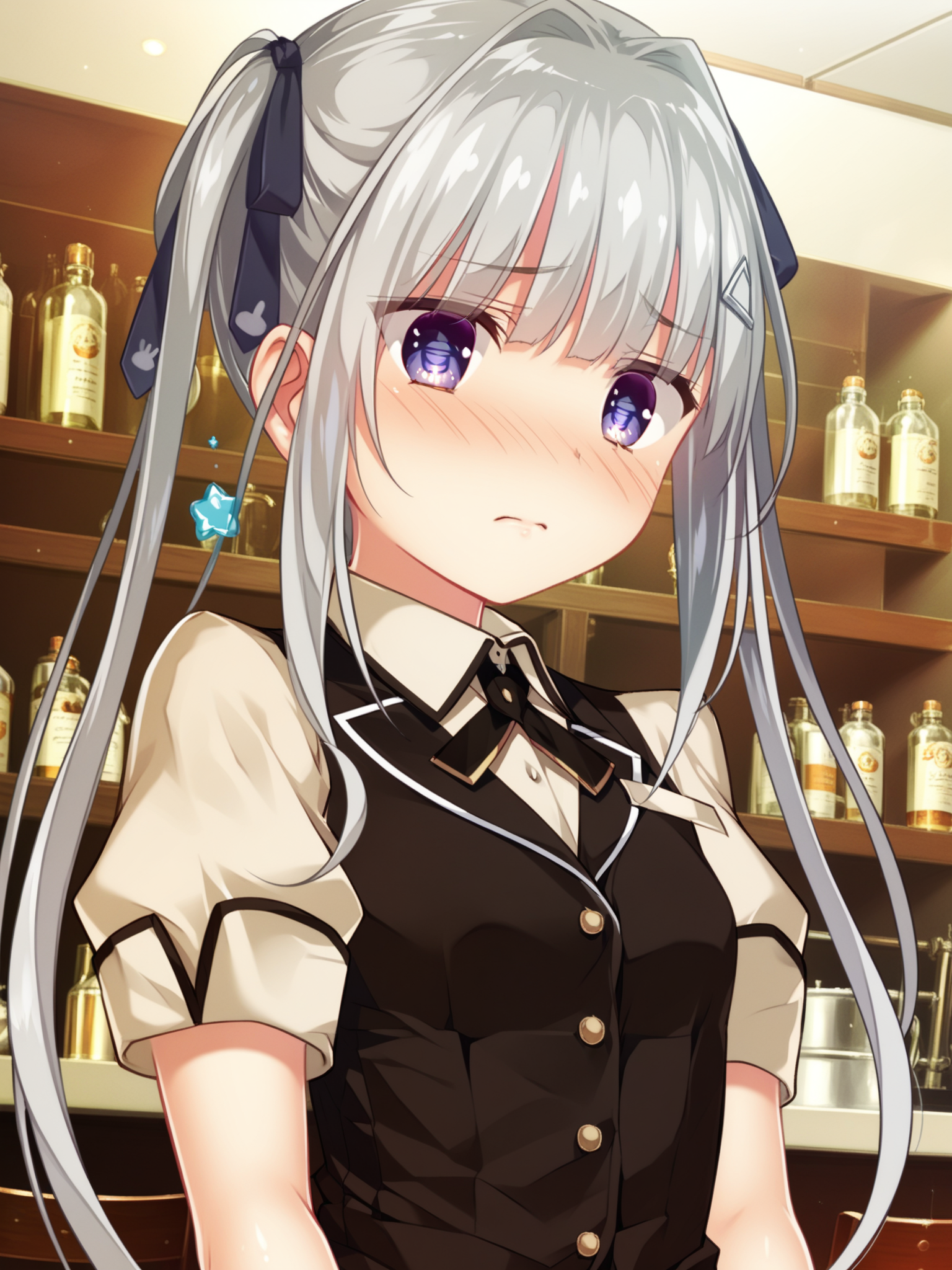 <lora:happy_tentacle-kuon-v0.2-000030:1>, ht_kuon, waitress, collar, black vest, miniskirt, dress shirt, collared shirt, hair ornament, hair ribbon, apron , indoors, 1girl, solo, upper body , , (embarrassed :1.1), , looking at viewer , , , score_9, score_8_up, score_7_up, score_6_up, score_5_up, score_4_up
