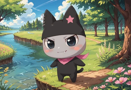 safe_pos, score_9_up, score_8_up, score_7_up, score_6_up, (detailed art style, shiny skin, detailed eyes) (chibi) 1boy, Kuromametchi, grey skin, black cat ears, pink star ear marking, big eyes, black eyes, blush, blush stickers, cute little fang, ear piercings, black bodysuit, pink bandana, (detailed scenery, detailed background : 1.1), outside, afternoon, verdant park, marsh, (verdant greenery, trees, lush bushes, grass, grassy lawn, wildflowers, water, lake)