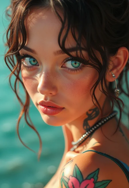 Hyperrealism, extreme close-up Portrait of a beautiful, stunning unique female character. She has large turquoise eyes filled with joy and excitement, extravagant eyelashes, making this image a masterpiece of photography and digital art. Style: realistic hyper-detailed rendering, 32k UHD, expressive eyes, punk, graphic design, pink hibiscus tattoo, girl's face, side view, pretty and cute, gleaming lips, white skin, telling a tale of adventure. Exuding confidence and serenity. Vibrant tattoos adorn her sun-kissed skin