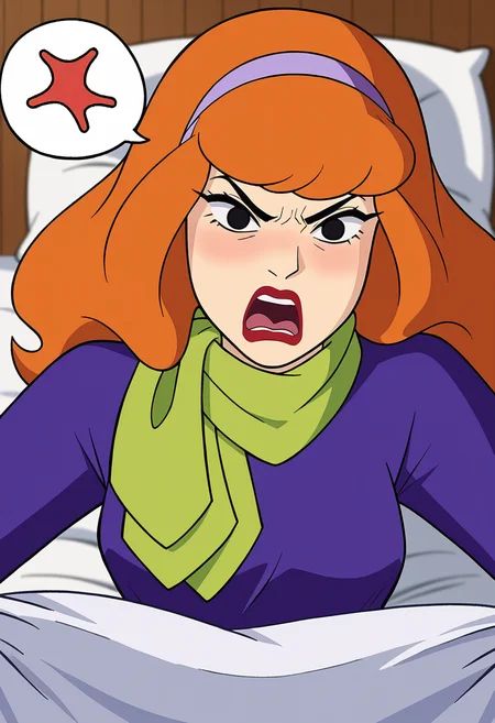 score_9, score_8_up,score_7_up, source_anime, rating_explicit, <lora:EPsbdDaphne:1>, EPsbdDaphne, orange hair, long hair, black eyes, purple hairband, green scarf, purple dress, upper body, motion lines, motion lines, blurry background, makeup, red lips, 1980s \(style\), retro artstyle, 1girl, solo, angry, spoken anger vein, anger vein, screaming, indoors, bedroom, on bed, bed sheet, pillow, spread legs,