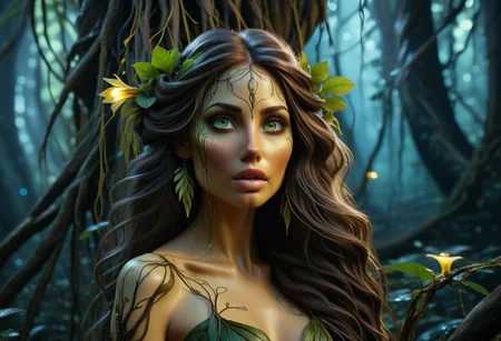 A picture of a beautiful Forest Nymph, her hair made of tree branches, long and hang down like the Weeping Willow, her skin resembles the texture of tree bark, she has Ivy vines to cover her Un-mentions, beautiful facial features, bright green almond shaped eyes, she is leaning her head  agents a dyeing tree, she is hugging the tree, starring at the camera, the Butter Tree yellow butter is dripping on the ground, peaking out of the forest is a Grim Reaper in the background, in the mid-ground is a dark bio-luminescent fairy forest with glowing mushrooms, Background concept for the movie “Avatar”, bioluminescent forest, alien planet, beautiful landscape, alien plants, Focused lights, whimsical fairytale, psychedelic trip, sharp focus on subject, 3D effect in the background, realizume,