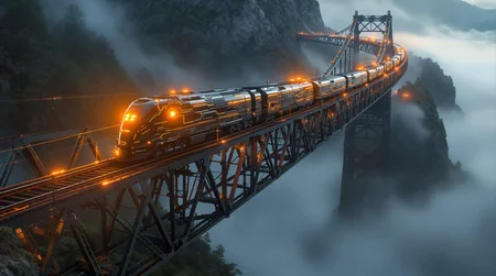 fictional rail vehicle traversing a railway bridge suspended over a foggy valley, orange light headlights, thick fog envelop the valley, mystery and grandeur, moody chiaroscuro lighting