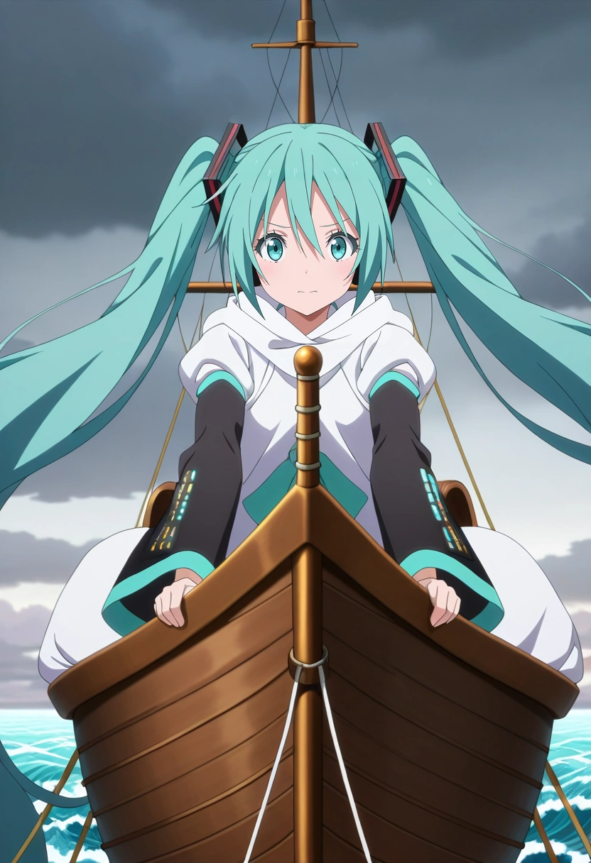masterpiece, best quality, anime screencap, anime coloring, official style, , looking at viewer, 1girl, hatsune miku, aqua eyes, aqua hair, twintails, hair between eyes, long hair, solo, sailing ship, billowing sails, rough waves, distant land, navigating pose, steady expression, overcast sky, <lora:tensura_style_ilxl:1>, tensura_style,