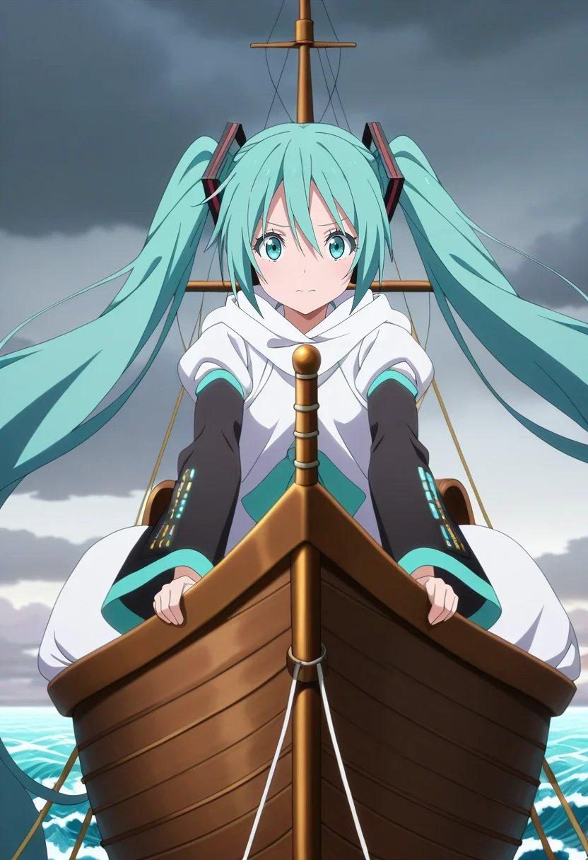 masterpiece, best quality, anime screencap, anime coloring, official style, , looking at viewer, 1girl, hatsune miku, aqua eyes, aqua hair, twintails, hair between eyes, long hair, solo, sailing ship, billowing sails, rough waves, distant land, navigating pose, steady expression, overcast sky, <lora:tensura_style_ilxl:1>, tensura_style,