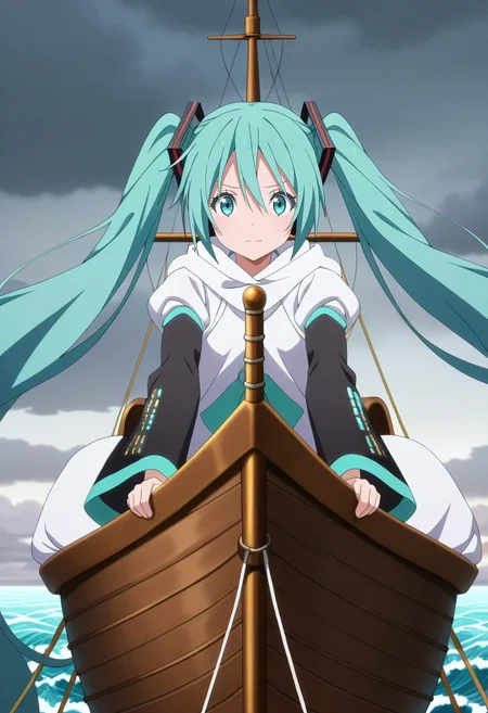 masterpiece, best quality, anime screencap, anime coloring, official style, , looking at viewer, 1girl, hatsune miku, aqua eyes, aqua hair, twintails, hair between eyes, long hair, solo, sailing ship, billowing sails, rough waves, distant land, navigating pose, steady expression, overcast sky, <lora:tensura_style_ilxl:1>, tensura_style,