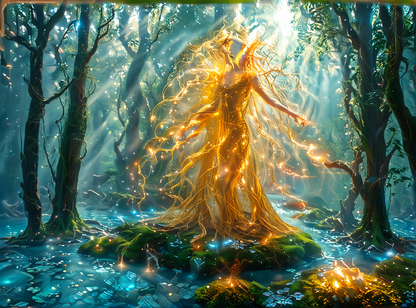 1girl, lake, river.
She is a being made of millions of golden threads; she is majestic, capable of touching your soul with a simple glance. This being is called Eltirion.
Eltirion has no strict form, but she prefers to resemble a woman. sHe finds their bodies harmonious. She loves harmony.
At this moment, Eltirion is enjoying himself floating above an enchanted forest. She is remaking the world, after all, she is a god. in the image depicts Eltirion using his powers to remake the forest, a massive effect power
  <lora:3nch4nt3d_f0r3st:1> <lora:Add_Details_v1.2:1> <lora:Mystic_Lumina_r1:1> <lora:Realistic-Fantasy-style_flux1D_LOREVER:1> <lora:slg_v30:1> <lora:å·¨ç¥_FLUX_lora_v1:1>  <lora:ymnmpi196a29e8950n39e6:1.9> <lora:FC Flux Perfect Busts:1.7>