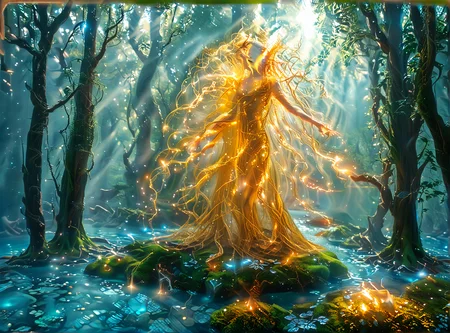 1girl, lake, river.
She is a being made of millions of golden threads; she is majestic, capable of touching your soul with a simple glance. This being is called Eltirion.
Eltirion has no strict form, but she prefers to resemble a woman. sHe finds their bodies harmonious. She loves harmony.
At this moment, Eltirion is enjoying himself floating above an enchanted forest. She is remaking the world, after all, she is a god. in the image depicts Eltirion using his powers to remake the forest, a massive effect power
<lora:3nch4nt3d_f0r3st:1> <lora:Add_Details_v1.2:1> <lora:Mystic_Lumina_r1:1> <lora:Realistic-Fantasy-style_flux1D_LOREVER:1> <lora:slg_v30:1> <lora:å·¨ç¥_FLUX_lora_v1:1> <lora:ymnmpi196a29e8950n39e6:1.9> <lora:FC Flux Perfect Busts:1.7>