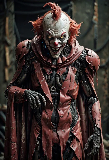 (Pointing Finger At Viewer), a vintage photo depicting a mechanical hybrid seer cyborg giant costumed AS Horror Freak Clown emerging from a tattered linen cloak, adorned with numerous eyes, infront a dystopian, neon dark backdrop, distorted shapes,
very detailed, atmospheric haze, Film grain, cinematic film still, shallow depth of field, highly detailed, high budget, cinemascope, moody, epic, OverallDetail, gorgeous, 2000s vintage RAW photo, photorealistic, candid camera, color graded cinematic, eye catchlights, atmospheric lighting, skin pores, imperfections, natural, shallow dofintricate, elegant, fantasy art, portrait, dark, retro, ecstatic, plain, powerful, realistic, profoundly red dark color