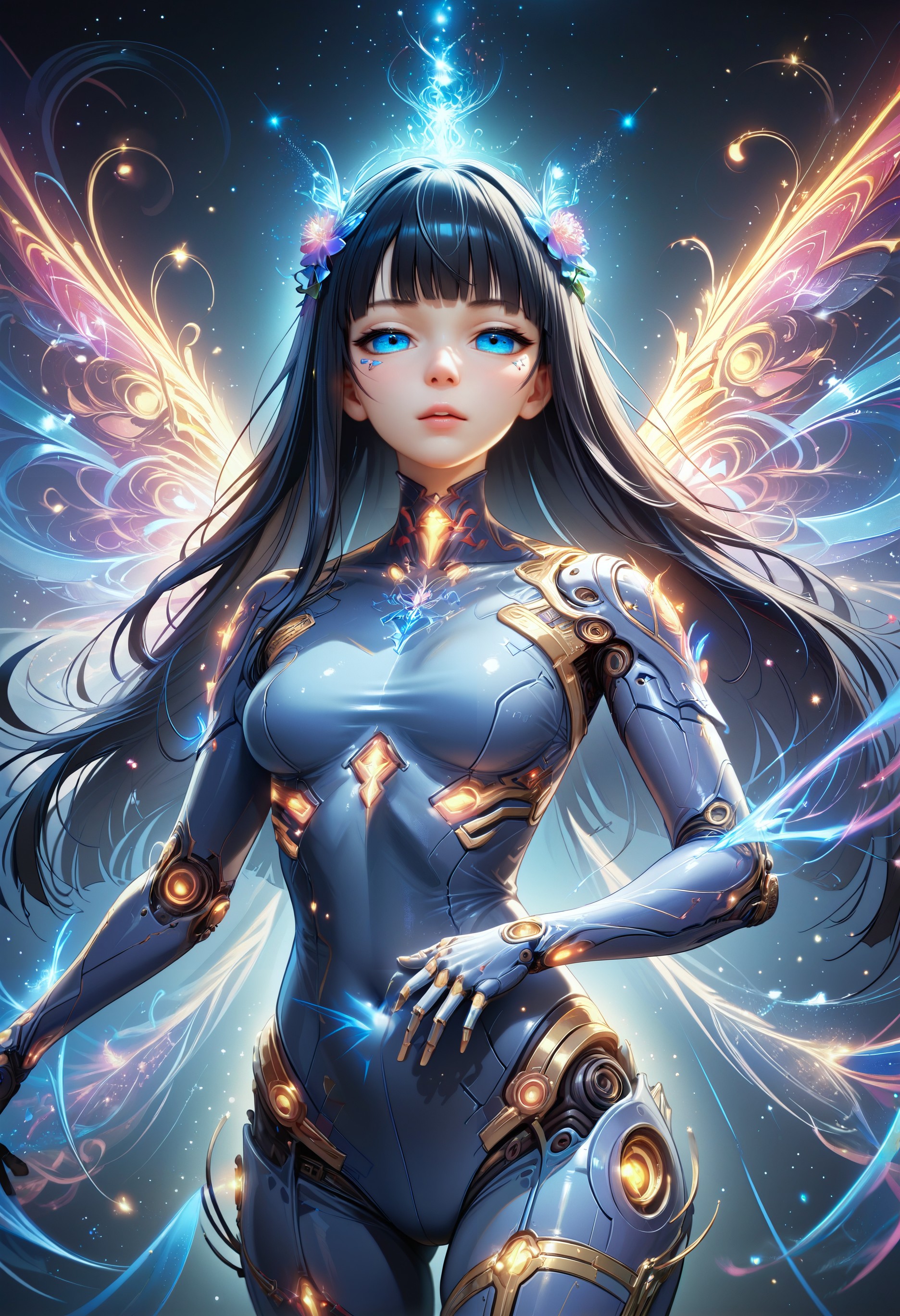 Score_9, score_8_up, score_7_up, score_6_up, score_5_up, score_4_up, source_anime,   himari, Black hair, long hair, black eyes, 1girl, bangs, lumina, mystical, multicolored, glowing, magic swirling, glowing magical energy, flower,  bloom,  wisps, plants, fantasy setting, overgrown city, mechanical parts, female, humanoid robot, cyberpunk, cyborg, joints, mechanical arms, glowing eyes, mechanical legs,  robot, magic flowing, magical binding, flowing through body, glowing podyparts, dynamic pose, arm up, grabing cable, skintight clothes, bodysuit, floating, mid air, , black eyes, blue eyes, mixing colors, mechanical wings, energy wings, half closed eyes, close up, upper body,   <lora:Himari:0.6> <lora:Expressive_H:0.7> Expressiveh <lora:Selftrained\Lumina_Mystica:0.8>