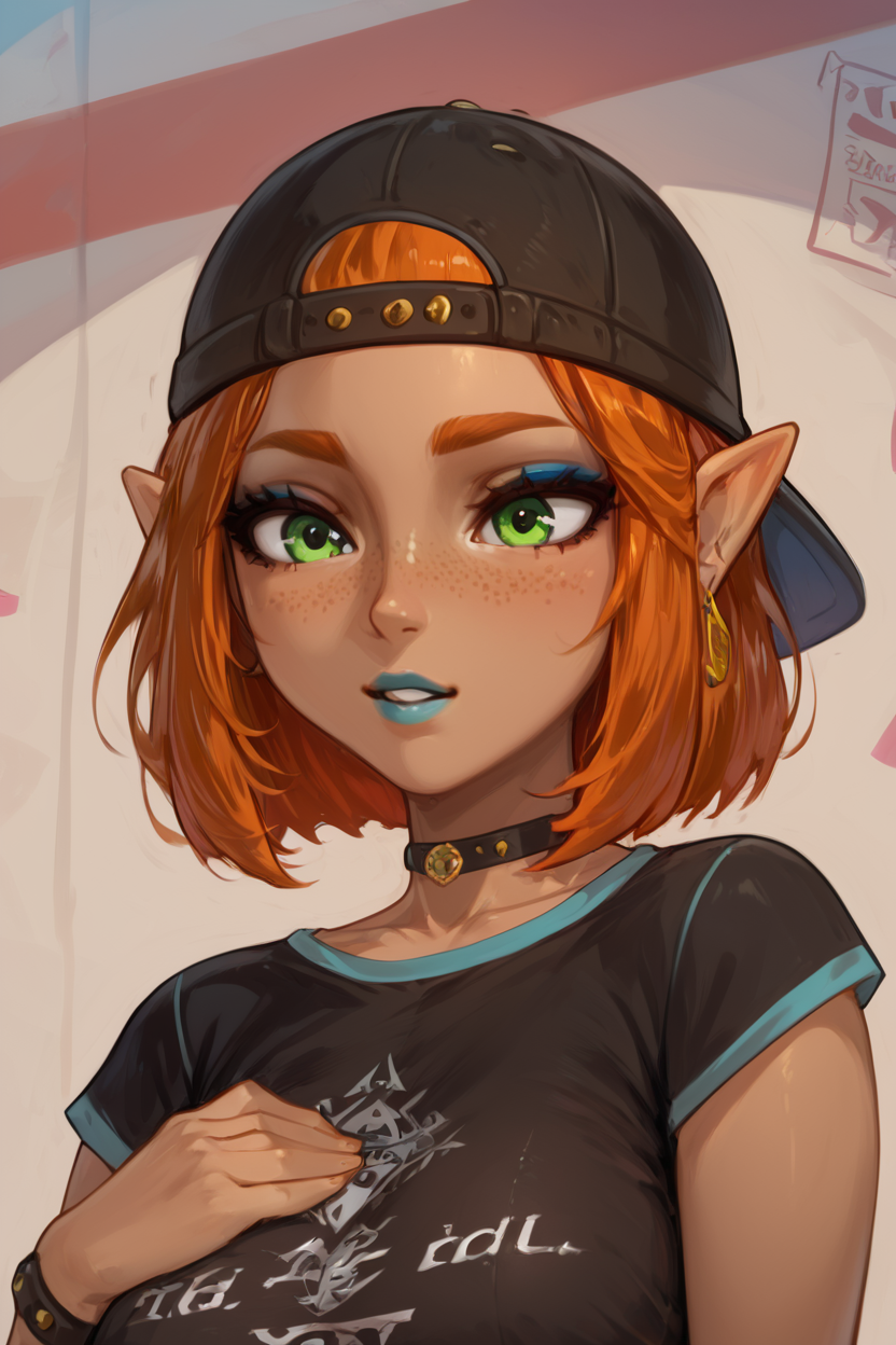 score_9, score_8_up, score_8, medium breasts, (curvy), cute, eyelashes,           BREAK, , BREAK,     1girl, solo, breasts, short hair, shirt, hat, jewelry, medium breasts, green eyes, upper body, short sleeves, parted lips, orange hair, bracelet, black shirt, black headwear, makeup, bob cut, lipstick, hand on own chest, t-shirt, clothes writing, baseball cap, freckles, backwards hat, blue lips   ,<lora:Riju_Zelda_TotK_P1:0.7>,  ,<lora:ZuruotaStyle_PDXL:0.8>,      embedding:zPDXL, Expressiveh, <lora:SDXLFaeTastic2400:0.5>,  <lora:Expressive_H-000001:0.4>,