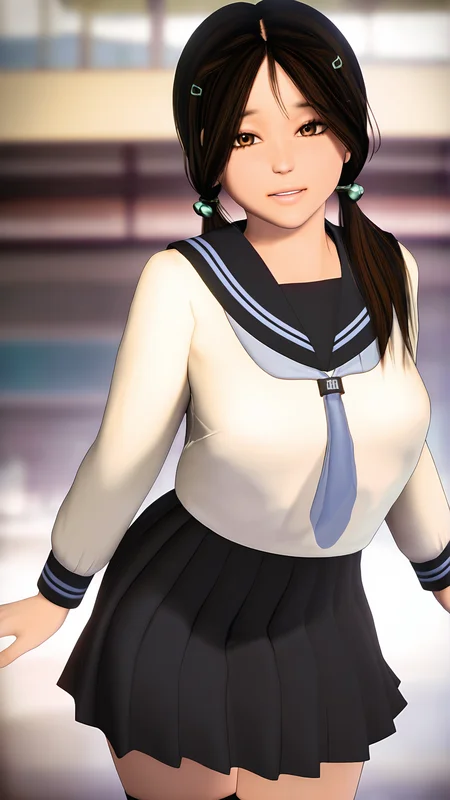 amazing quality,absurdres,best quality,masterpiece,highres,newest,detailed,detailed body,detailed face,masterpiece,best quality,solo,3d,realistic,
haruhi,1girl,solo,school uniform,serafuku,brown hair,brown eyes,twintails,hair ornament,skirt,thighhighs,<lora:haruhi:1>,