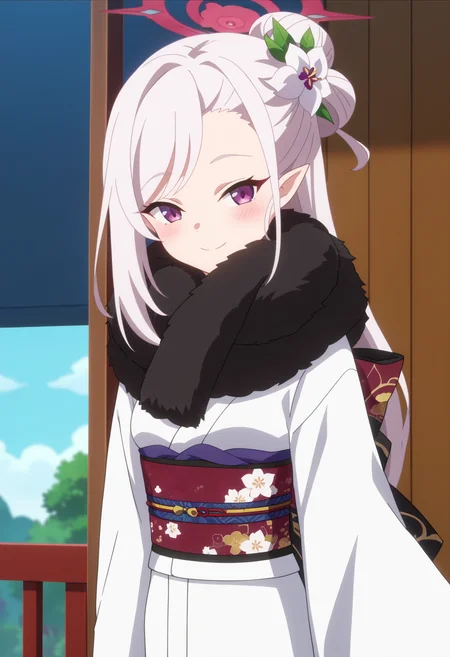 score_9, score_8_up, score_7_up, source_anime,
BREAK
1girl, solo, anime screencap, anime coloring,
<lora:shiMutsukiTrainingV1:1.0>,
shimusukikimono, official alternate costume, long hair, purple eyes, white hair, pointy ears, halo, hair ornament, hair flower,
single hair bun, fur collar, tabi, black scarf, fur scarf, wide sleeves,
japanese clothes, white kimono, print kimono, obi, sash, floral print,
looking at viewer, smile, blush,