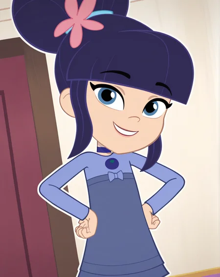 Blueberry_Muffin, 1girl, solo, dark blue hair, very big bun, flat bangs, light skin, blue-grey eyes, light blue hair tie, light pink flower, dark blue choker, blue long-sleeve dress, light purple leggings, brown boots, (smile, dutch angle, Hands on hips,naughty pose, looking at viewer, indoors, elegant room, solo, dynamic pose, full_body, head tilt,),((white background, White frame, white outline))