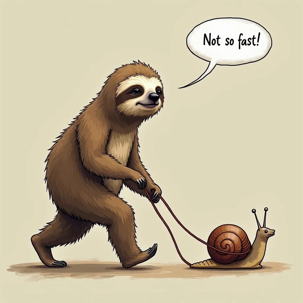 a professional photo of a sloth going for a walk with its pet. The sloth holds a snail on a leash and walks behind the snail. The snail is faster than the sloth and pulls on the leash. The sloth looks strained and there is a speech bubble with the text: “Not so fast.”