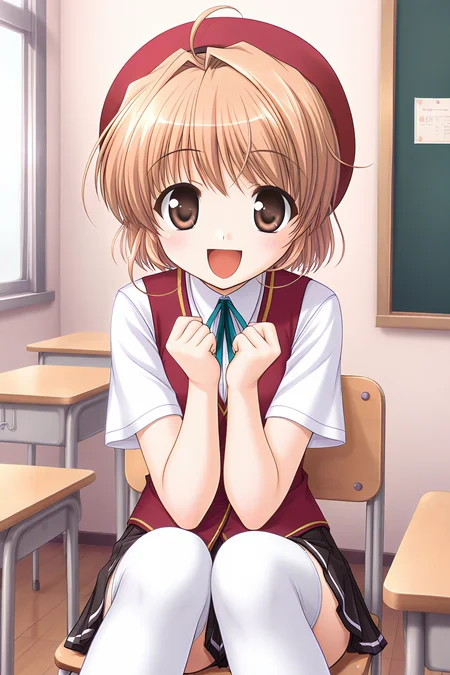 masterpiece, best quality, absurdres, official art, official style, rating general BREAK <lora:yuukikanade_IL_v1-1:0.7>, yuuki kanade, 1girl, solo, brown eyes, ahoge, light brown hair, short hair, hair intakes, small breasts,
beret, red headwear, school uniform, summer uniform, red vest, white shirt, short sleeves, neck ribbon, aqua ribbon, black skirt, miniskirt, pleated skirt, zettai ryouiki, white thighhighs, open mouth, blush, :d, looking at viewer, cowboy shot, happy, clenched hands, classroom, leaning forward, sitting, knees together feet apart, on chair, school chair, school desk