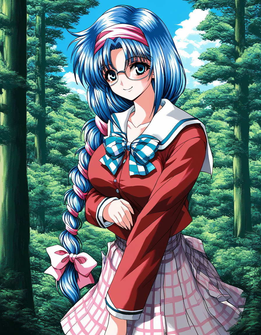score_9, score_8_up, score_7_up, source_anime, rating_explicit, BREAK  <lora:Nikaidou_Honoka_XL:1> NikaidouHonoka,  blue hair, long hair, large breasts, pink hairband, blue eyes, pink hair ribbon, single braid,
school uniform, checked skirt,  red sleeve, smile,
looking at viewer, 
cowboyShot,
scenery, tree, sky, nature, outdoors, day, blue sky, forest, sunlight, cloud