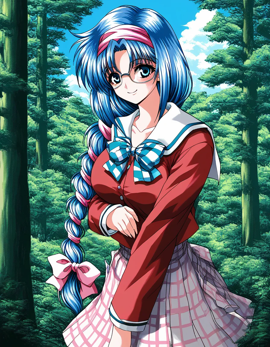 score_9, score_8_up, score_7_up, source_anime, rating_explicit, BREAK <lora:Nikaidou_Honoka_XL:1> NikaidouHonoka, blue hair, long hair, large breasts, pink hairband, blue eyes, pink hair ribbon, single braid,
school uniform, checked skirt, red sleeve, smile,
looking at viewer,
cowboyShot,
scenery, tree, sky, nature, outdoors, day, blue sky, forest, sunlight, cloud