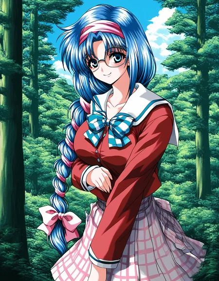 score_9, score_8_up, score_7_up, source_anime, rating_explicit, BREAK  <lora:Nikaidou_Honoka_XL:1> NikaidouHonoka,  blue hair, long hair, large breasts, pink hairband, blue eyes, pink hair ribbon, single braid,
school uniform, checked skirt,  red sleeve, smile,
looking at viewer, 
cowboyShot,
scenery, tree, sky, nature, outdoors, day, blue sky, forest, sunlight, cloud