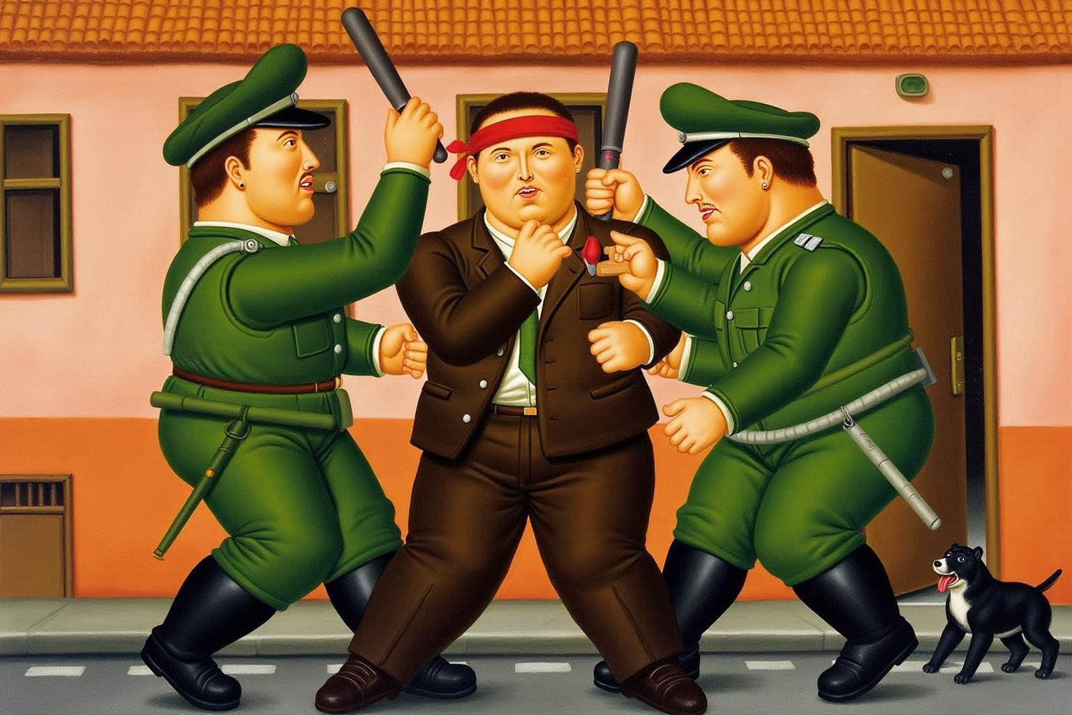 fernandobotero1 painting.
A man and two policemen are engaged in a violent confrontation. In the center, a man with a red headband is being attacked by two burly police officers wielding batons. There is a small black dog in the bottom right corner.
 <lora:fernandobotero1_cap_d6a3e7:1.0><lora:840272714947132398:0>