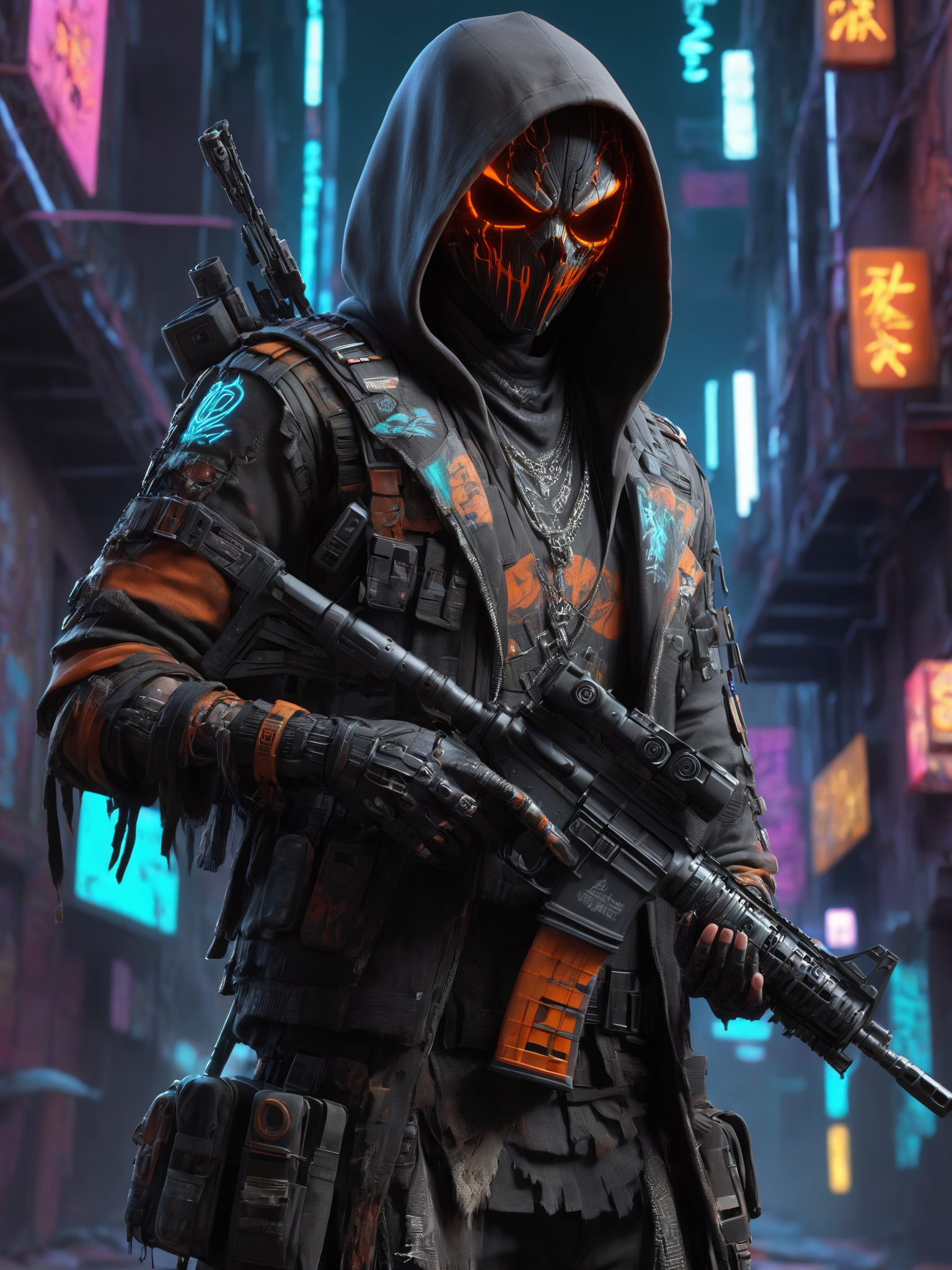 cinematic shot, dramatic lighting, man, mad-hllwnrs, hoodie, dynamic pose, (holding rifle:1.3), dimly lit, futuristic urban alleyway, garbage, filith, neon lights, graffiti-covered walls <lora:Neon_Cyberpunk_SDXL_Halloweener:0.8>,  (masterpiece:1.2), best quality, (hyperdetailed, highest detailed:1.2), high resolution textures