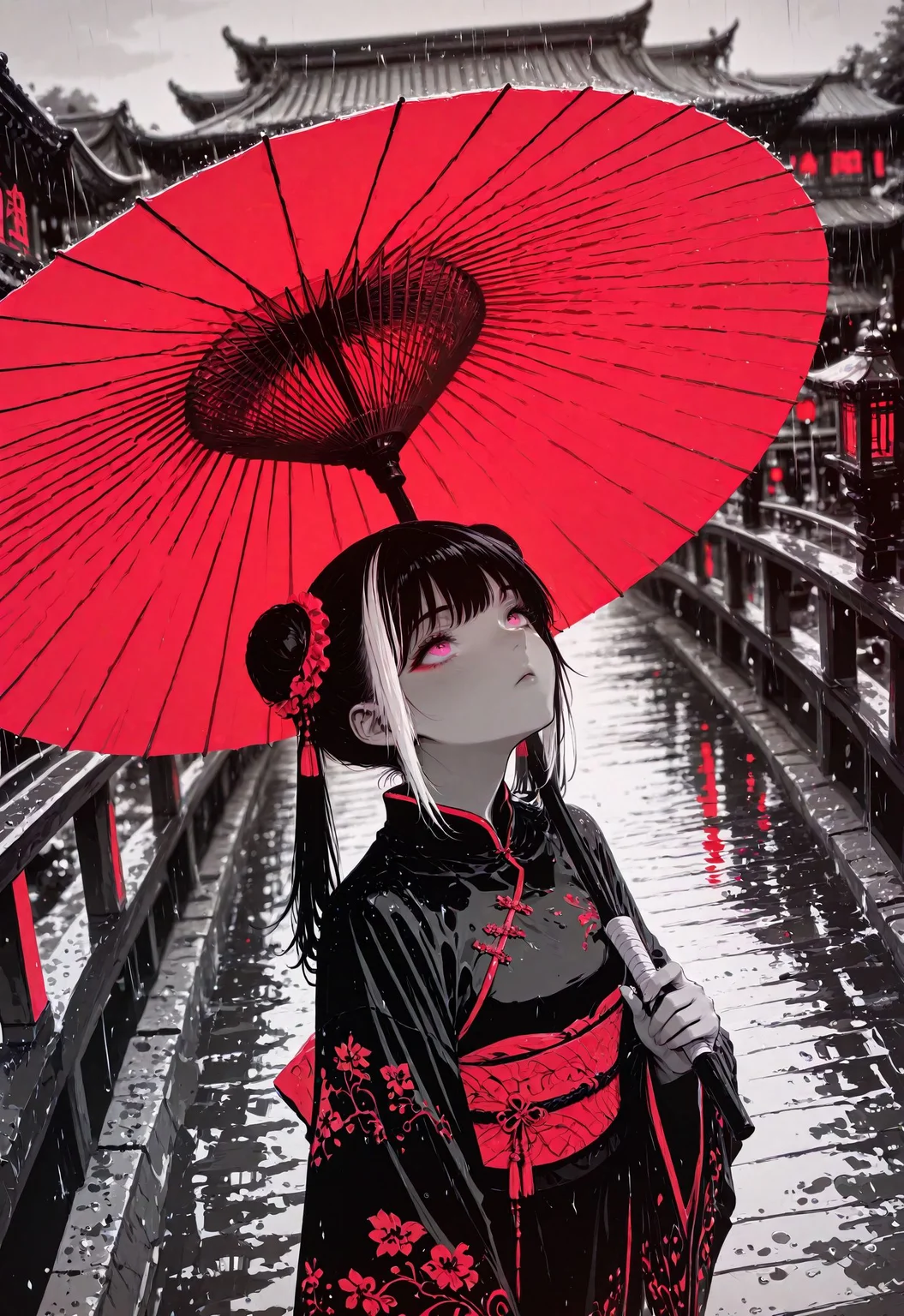 1girl, anime girl face scetch, scetch, lineart, minimalism, blending, spot color, flat color, (((from above, looking up))), neon, rain, reflection, night,
Jia Xichun, pink eyes, JiaXichunLimbus, long hair, twintails, multicolored hair, black hair, white hair, portrait, china dress, lonely,
bridge,holding umbrella,oil-paper umbrella,outdoors,sash,eastern asian architecture, shimenawa,wide sleeves,flower,obi,rope,long sleeves,upper body,
masterpiece, best quality,high quality, newest, HDR, 4ur4_illu, dynamic pose,dynamic action,
dynamic pose, dynamic composition,dutch angle,depth of field, black and red theme, foreshortening,blurry edges,
8K, highres, absurdres, <lora:illustriousXLv11_stabilizer_v1.113:0.3> <lora:ponyv6_noobV1_2_adamW:0.4> <lora:Aura_illu:1.0> <lora:Jia_Xichun_Illustrious:0.85> <lora:Sinozick_style:0.45>