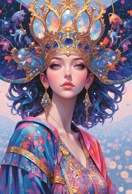 A surreal close-up of a woman depicted as the goddess of woven realms, blending the dreamlike surrealism of Salvador Dalí with the intricate, decorative artistry of William Morris. Her head is adorned with an enormous crown resembling an endless, interwoven tapestry, its threads shifting in color and texture as if alive. Each thread reveals miniature vignettes of mythical creatures and surreal landscapes, blending seamlessly into the endless patterns. Her eyes are replaced with shimmering mirrors reflecting the infinite designs of the crown, evoking an otherworldly presence. Her gown flows like liquid fabric, covered in shifting, kaleidoscopic floral patterns that blend Gothic arches with surreal, melting forms. The background features a surreal landscape of endless rolling hills made entirely of colorful woven fabrics, with floating looms creating the scene in real-time. Soft, ethereal lighting enhances the surreal textures, casting radiant glows on the intricate threads and folds. Rendered in 8K ultra-HD, the mesmerizing interplay of surrealism and intricate medieval-inspired patterns is flawlessly captured.