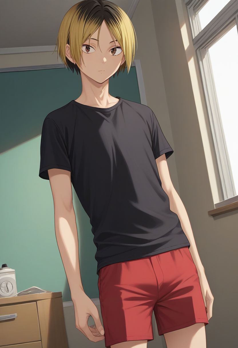 score_9, score_8_up, score_7_up, 1boy, solo, male focus, slim, kenma, blonde hair, multicolored hair, two-tone hair, black shirt, red shorts, short shorts, black hair, brown eyes, bangs, white sneakers, short sleeves, indoors, window, derpibooru_p_95, looking at viewer, detailed eyes, cowboy shot, Dutch angle,