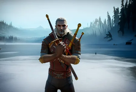 geralt as a (nutcracker), holding a sword,
high guard sword parry stance,
at a frozen lake,
game screenshot,
looking at the camera,
sfw