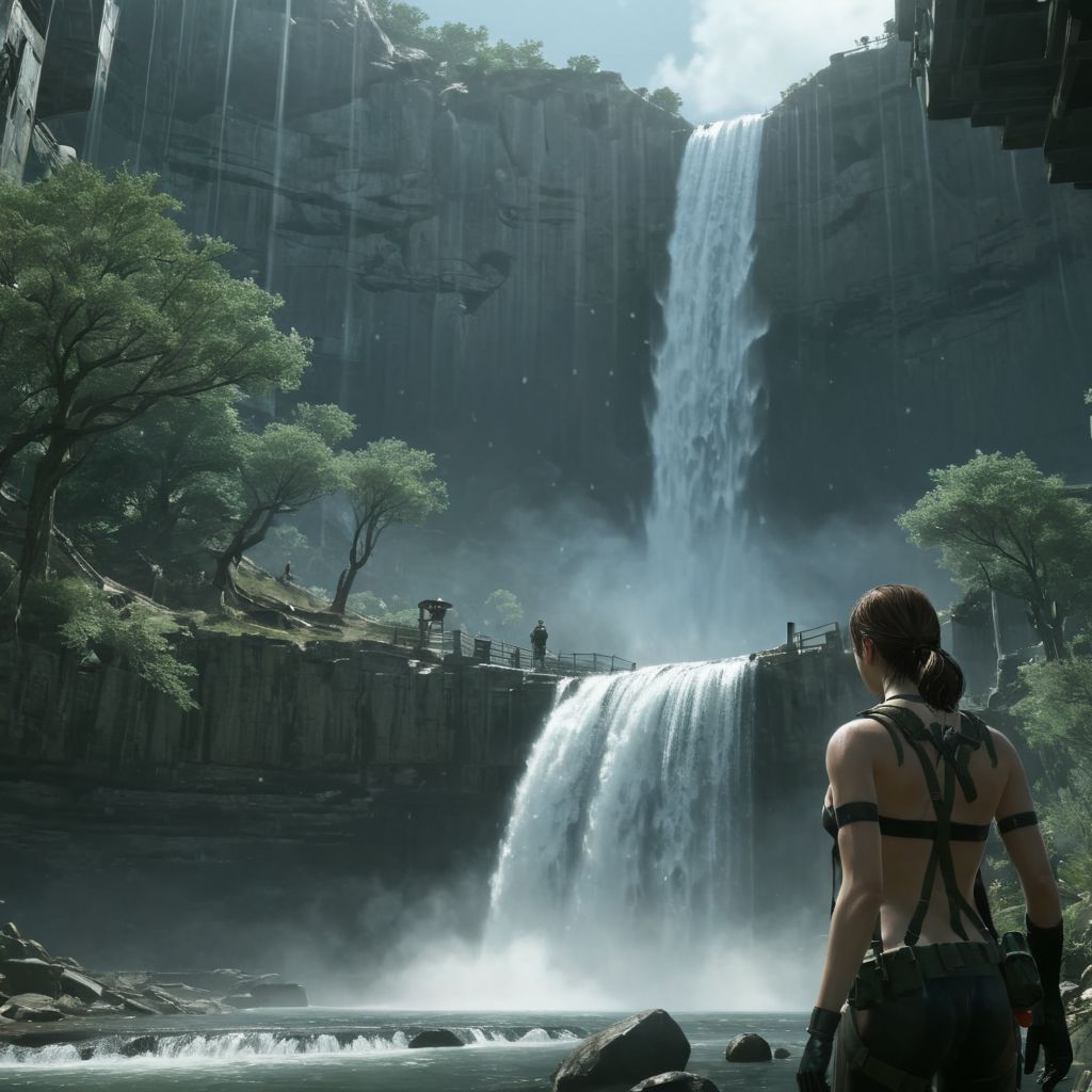 Quiet_MGS is in front of a waterfall wich little water flows, rainbow above her, shiny lighting, real, absurd detail, ultra detailed, high quality, masterpiece
