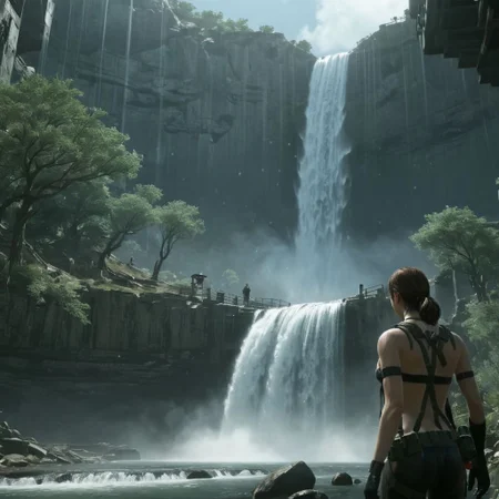 Quiet_MGS is in front of a waterfall wich little water flows, rainbow above her, shiny lighting, real, absurd detail, ultra detailed, high quality, masterpiece
