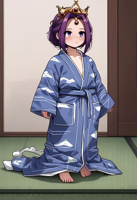 MIRELLIA Q MELROMARC, CROWN, TIARA, yukata, full body, ShrinkingConcept, shrinkingclothing, oversized clothes, shrinking, full body, child, small
