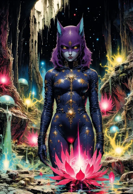 (ck-70scf, MythR3tr0, ArsMJStyle, HyperDetailed Illustration) A mysterious woman stands in an otherworldly landscape, her indigo mask covering her face except for her piercing eyes and softly parted lips. The mask is adorned with intricate floral patterns in violet, teal, and gold, with delicate silver filigree glowing faintly. A structured plum hood with sharp, fox-like ears frames her face, embroidered with shifting cosmic hues. Her dark cerulean bodysuit clings tightly, textured with hyper-detailed golden etchings resembling celestial calligraphy. A massive deep magenta lotus unfurls across her torso, its bioluminescent petals pulsing with an eerie glow. The air hums with unseen frequencies as layered alien foliage surrounds her. Metallic leaves and crystalline vines shift in color from jade to bronze, olive to pale mint, responding to her presence. Ethereal beams of prismatic light fracture through the dense canopy, casting iridescent refractions and deep shadows. The fusion of hyper-detailed textures, surreal botanical elements, and glowing retro-futuristic aesthetics creates a hypnotic vision of 70s sci-fi fantasy.