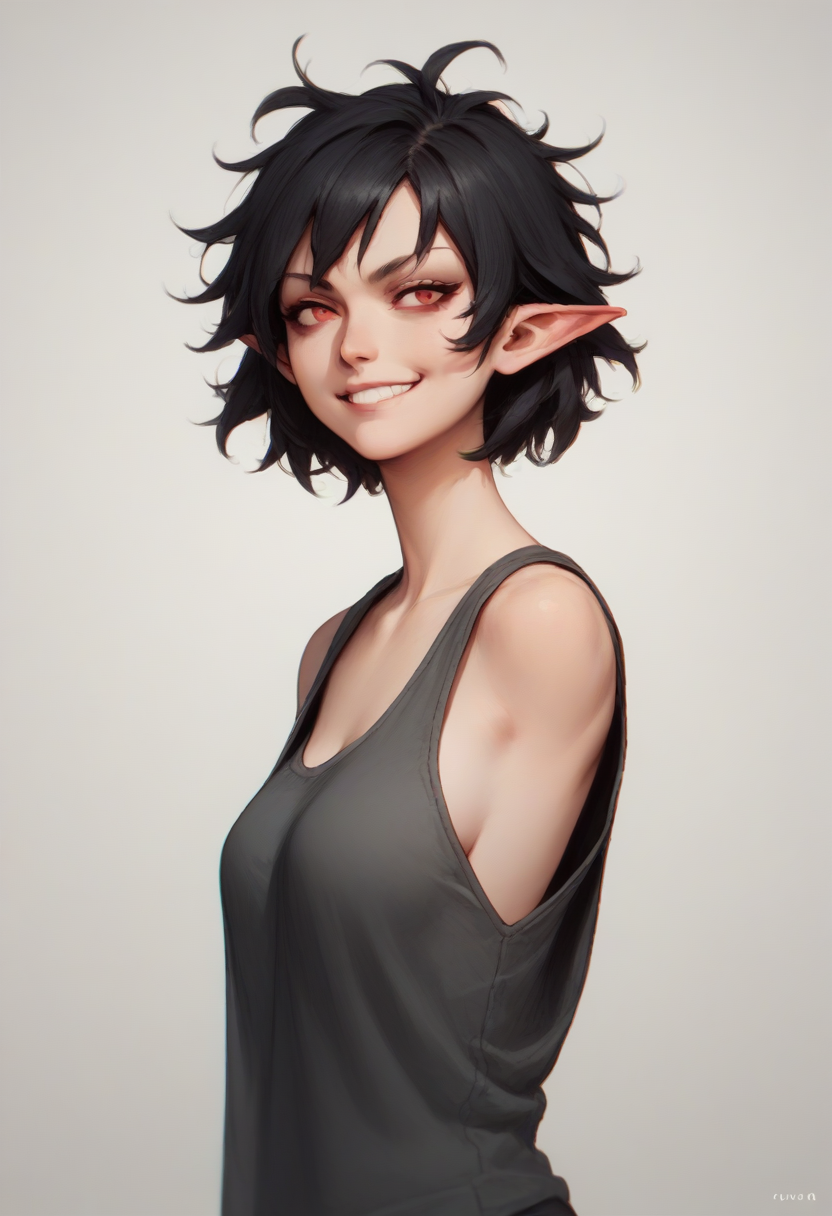 score_9, score_8_up, score_7_up, source_anime, female, 1girl, solo, red eyes, messy hair, black hair, short hair, armless, smirk, humanoid pointy ears, tank top, side view, front view, closed smile,    <lora:Armless_PonyXL_V1:1.3>