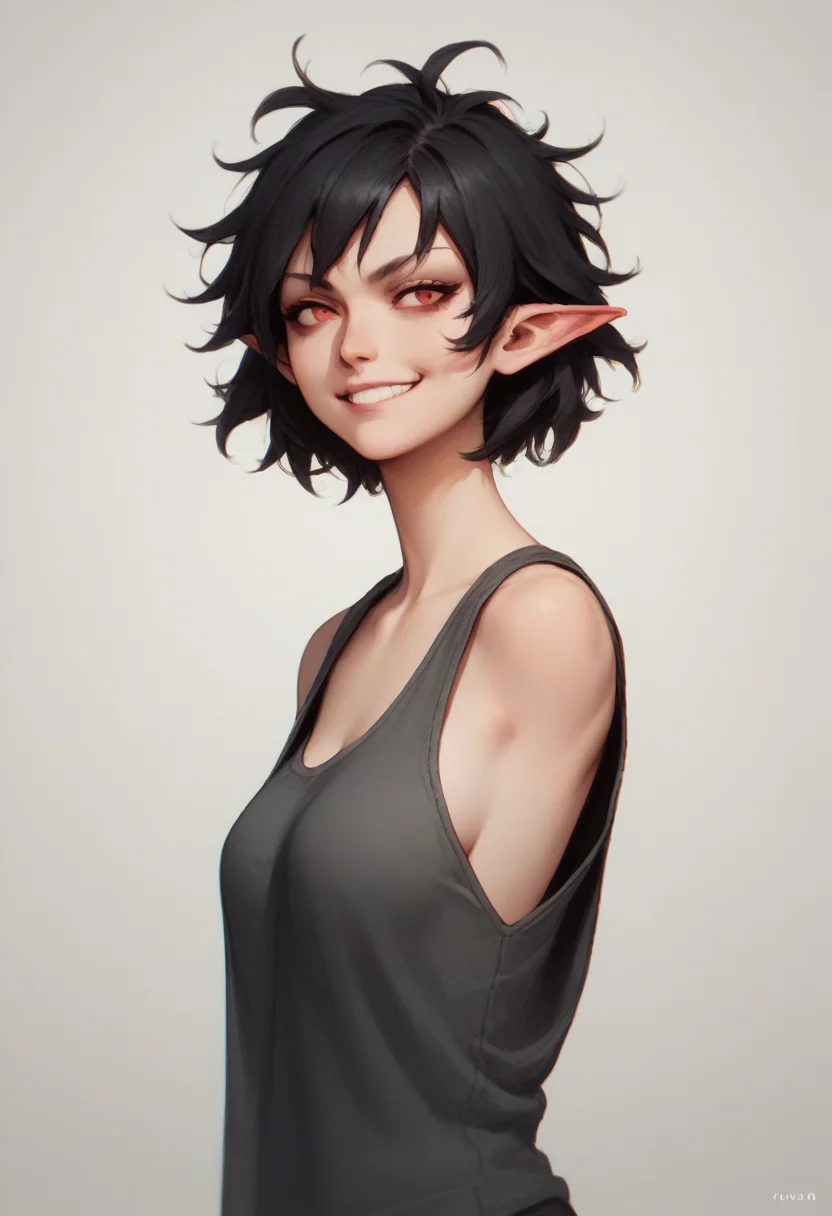 score_9, score_8_up, score_7_up, source_anime, female, 1girl, solo, red eyes, messy hair, black hair, short hair, armless, smirk, humanoid pointy ears, tank top, side view, front view, closed smile, <lora:Armless_PonyXL_V1:1.3>