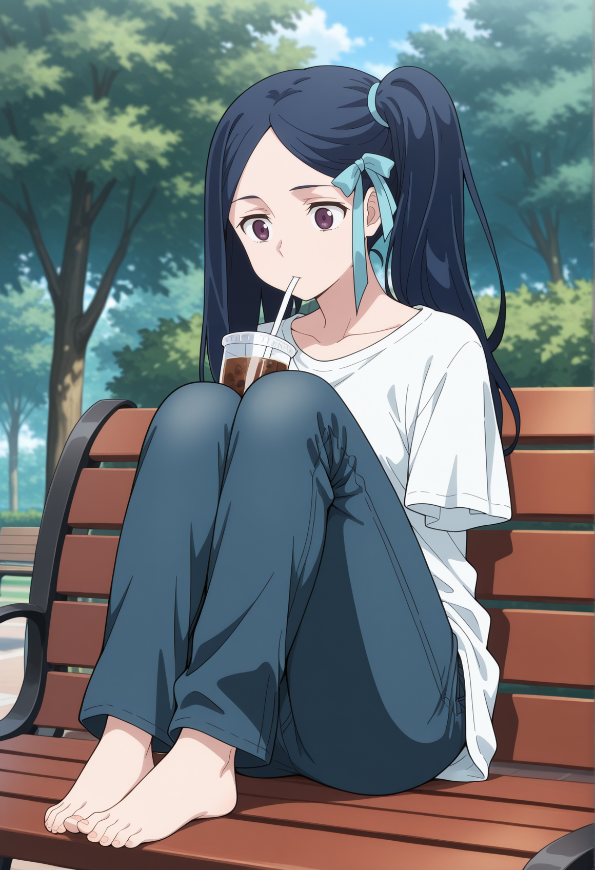 (holding with feet:1,4), knees together, holding with knees, drink between knees, 1girl, solo, 1girl, blue hair, purple eyes, long hair, hair ribbon, single sidelock, side ponytail, amputee, t-shirt, jeans, foot hold, barefoot, drinking straw, park, bench <lora:Ning_ken_en_ken:1>, masterpiece, best quality, amazing quality, very aesthetic, absurdres, highres, newest