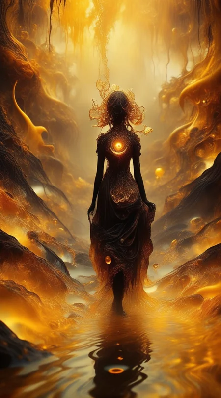 abysues In the depths of the amber, a dark and mysterious world unfolds, where a surreal death girl with eyes of liquid gold wanders, lost in the amber's enigmatic dreamscape surrealistic <lora:abysues:1>