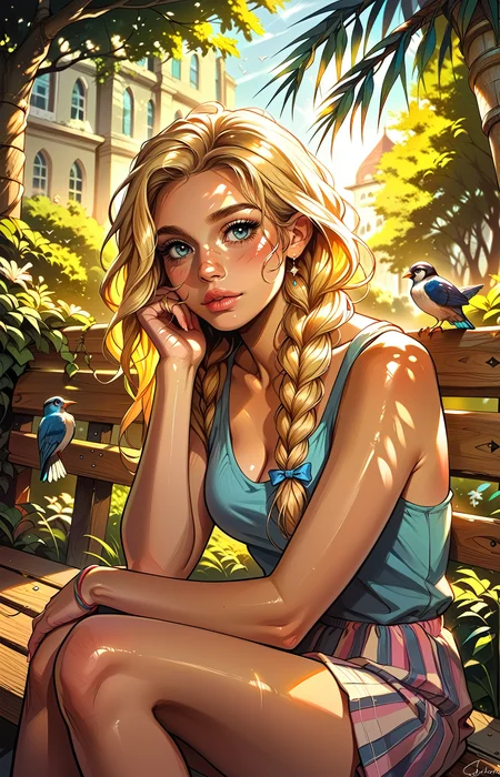 score_9, score_8_up, score_7_up, score_6_up, ), 1mg1mg , masterpiece,best quality, highly detailed, masterpiece,best quality, highly detailed, source_cartoon, uncensored, rating_explicit, casual, shiny skin, shiny highlights, sound effects, emphasis lines, Urban Casual Palette,
vinyl skirt, ((Sitting on a bench)), birds, flags,
cute adult woman, long blonde hair, Top knot with braids wrapped around the base, bright blue eyes with a gentle sparkle, smooth fair skin, soft pink lips, delicate and refined facial features, wearing a casual yet stylish outfit, cheerful and warm expression, soft natural lighting, approachable and friendly vibe, youthful yet mature appearance,
highly detailed, intricate details in hair and makeup, masterpiece, best quality, ultra highres, original, extremely detailed, perfect lighting
<lora:incase---1:0.5> <lora:S1_Dramatic_Lighting_v2:0.5> s1_dram <lora:1mg1mgXLP:0.6> <lora:GarvGirlsPony:0.7>