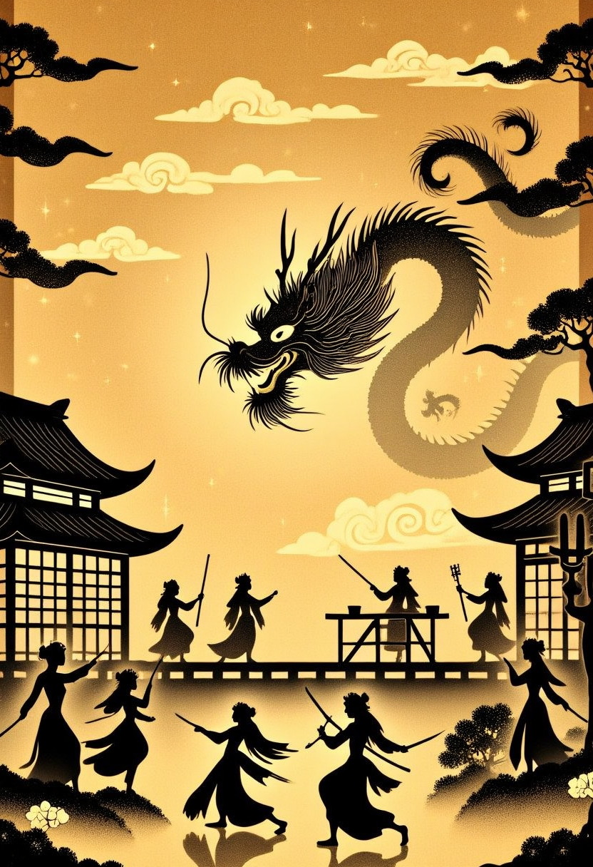UkiyoFusion. An intricately designed shadow puppet performance unfolds on a golden parchment background. Silhouetted figures of dancers, warriors, and musicians move elegantly across the stage, while a great dragon looms in the distance, its shape formed from delicate cutouts. Traditional Asian architecture and cloud motifs frame the scene, enhancing the mystical storytelling atmosphere.