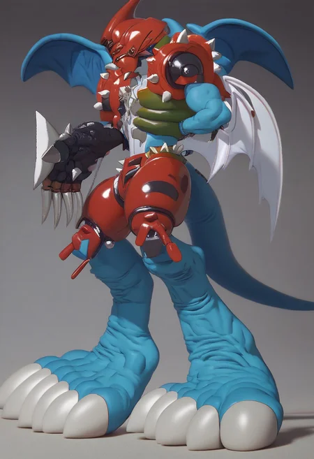 score_9, score_8_up, score_7_up, Paildramon, digimon (creature), 5 claws, spikes, wings, tail, weapons, red helmet, black gauntlets,