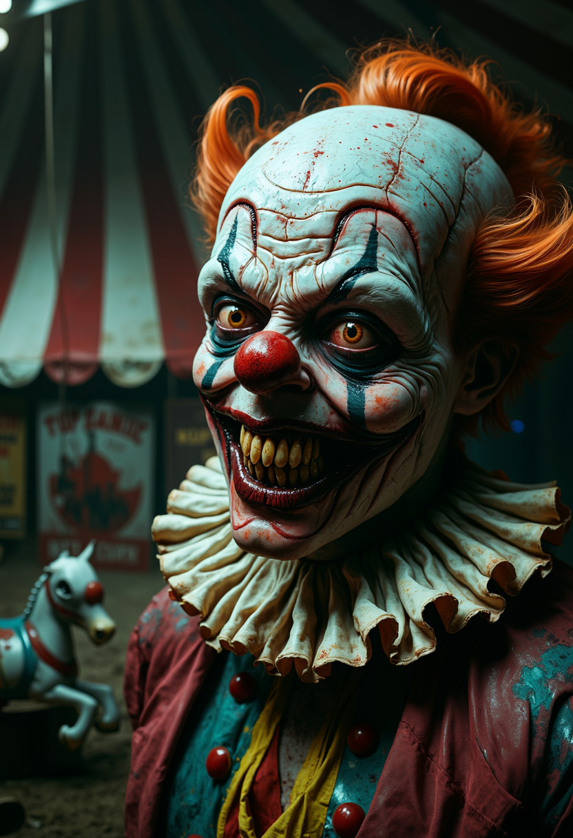 A menacing clown looms in the foreground of a dimly lit circus tent, his grotesque visage dominating the frame. His pale, cracked makeup clings to weathered skin, revealing the ravages of time and malevolence beneath. Deep creases etch themselves into his forehead and around his sunken eyes, which gleam with a predatory hunger. The clown's nose, once a cheerful red bulb, now appears mottled and discolored, like decaying flesh. His lips, stretched into an unnatural snarl, reveal rows of oversized, yellowed teeth, each one jagged and razor-sharp. Saliva glistens on these monstrous fangs, hinting at an insatiable appetite for terror. The clown's traditional bright costume has faded to muted, sinister hues. His ruffled collar, once pristine white, is now stained with unspeakable dark splotches. Tattered remnants of colorful fabric hang from his shoulders, swaying gently in an unfelt breeze. In the background, the circus tent's striped patterns twist and distort, creating an unsettling, almost hallucinatory effect. Shadows writhe at the edges of the scene, suggesting unseen horrors lurking just out of sight. The ambient lighting is harsh and uneven, casting stark shadows across the clown's features and accentuating every horrifying detail. Flecks of glitter catch the light, a perverse reminder of the circus's former gaiety now twisted into something nightmarish. The clown's hair, a tangled mess of faded green and matted orange, juts out at odd angles from beneath a warped and stained hat. His eyes, bloodshot and wild, seem to follow the viewer no matter where they look. Hyper-realistic textures bring every grotesque element to life: the coarse stubble pushing through the clown's makeup, the oily sheen of sweat on his brow, the cracked and peeling paint on his cheeks. In one gloved hand, he clutches a deflated balloon animal, its rubber skin wrinkled and punctured. The other hand, partially obscured, hints at something sharp and metallic. The surrounding circus environment is a study in decay and abandonment. Tattered posters curl at the edges, their cheery slogans now seeming like cruel mockeries. A broken carousel horse lies toppled in the background, its once-bright paint chipped and faded. The sawdust-covered ground is littered with discarded tickets and crushed popcorn containers, silent testaments to long-departed audiences. This nightmarish scene captures the essence of corrupted innocence and the dark underbelly of what was once a place of joy and wonder. The hyper-realistic style brings every horrifying detail into sharp focus, creating an image that is both captivating and deeply unsettling.