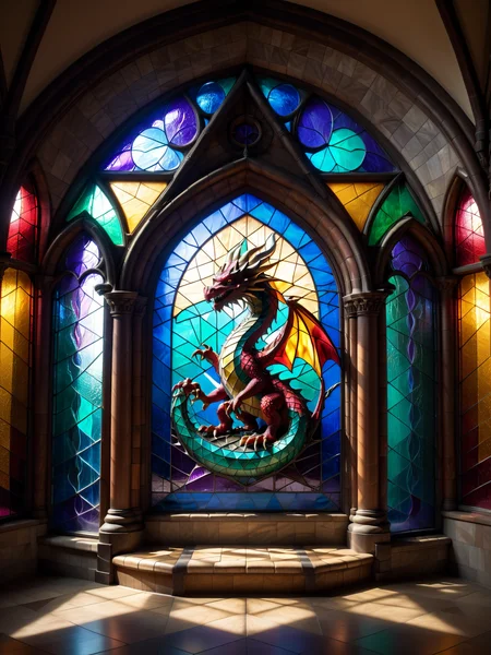 colorful mad-triangle stained glass window showing a stylised dragon in a throne room, lightray, cinematic shot <lora:Colorful_Triangle_SDXL_v2:0.6>, raw photo, film grain, Fujifilm XT3, (photorealistic, realistic:1.2), deep shadow,  8k, uhd, dslr, ultra high res