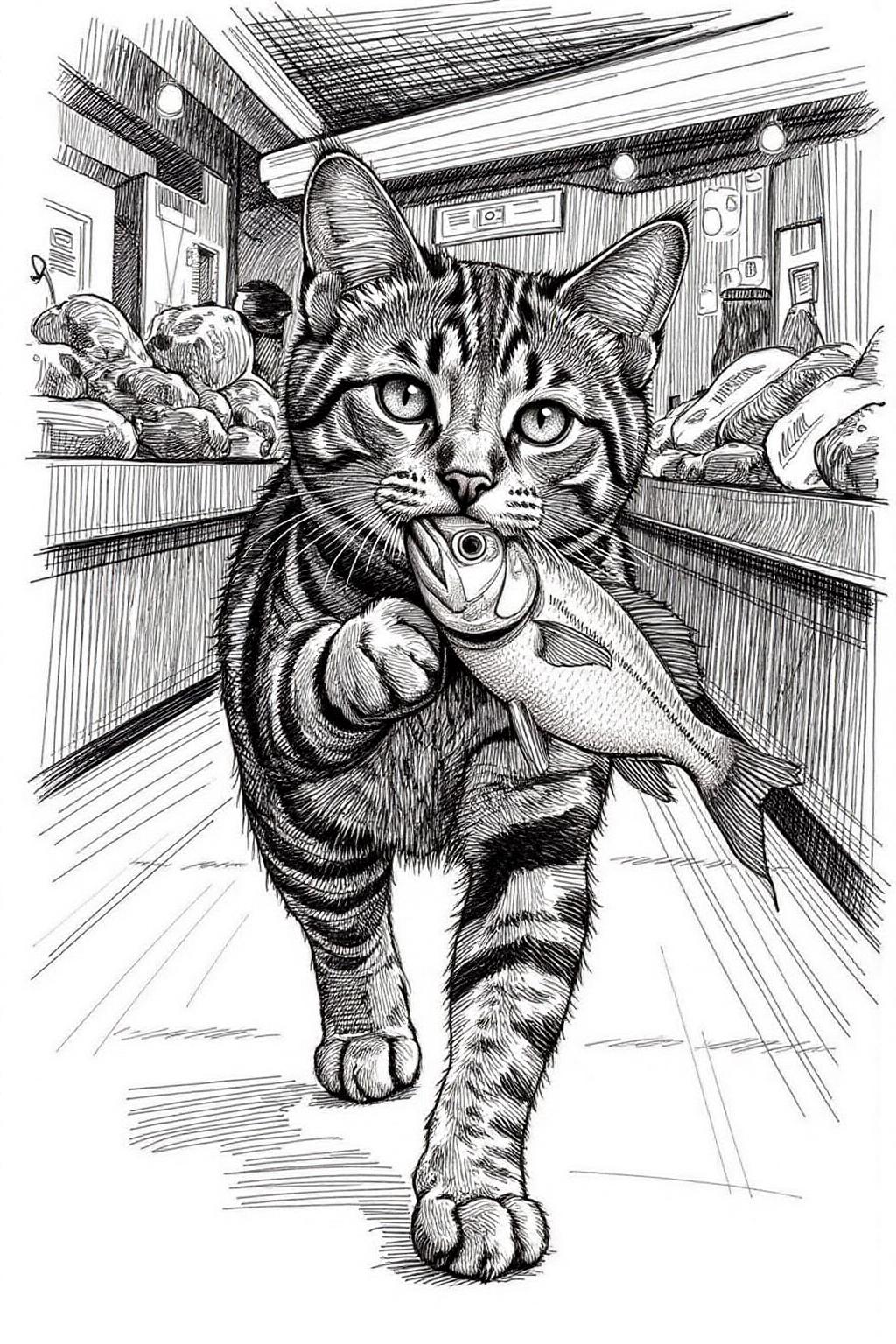 crosshatch black and white drawing of a golden tabby stealing a fish, running away in a market. <lora:crosshatch2_nocap_d6a3:0.9><lora:809157334745179999:0>