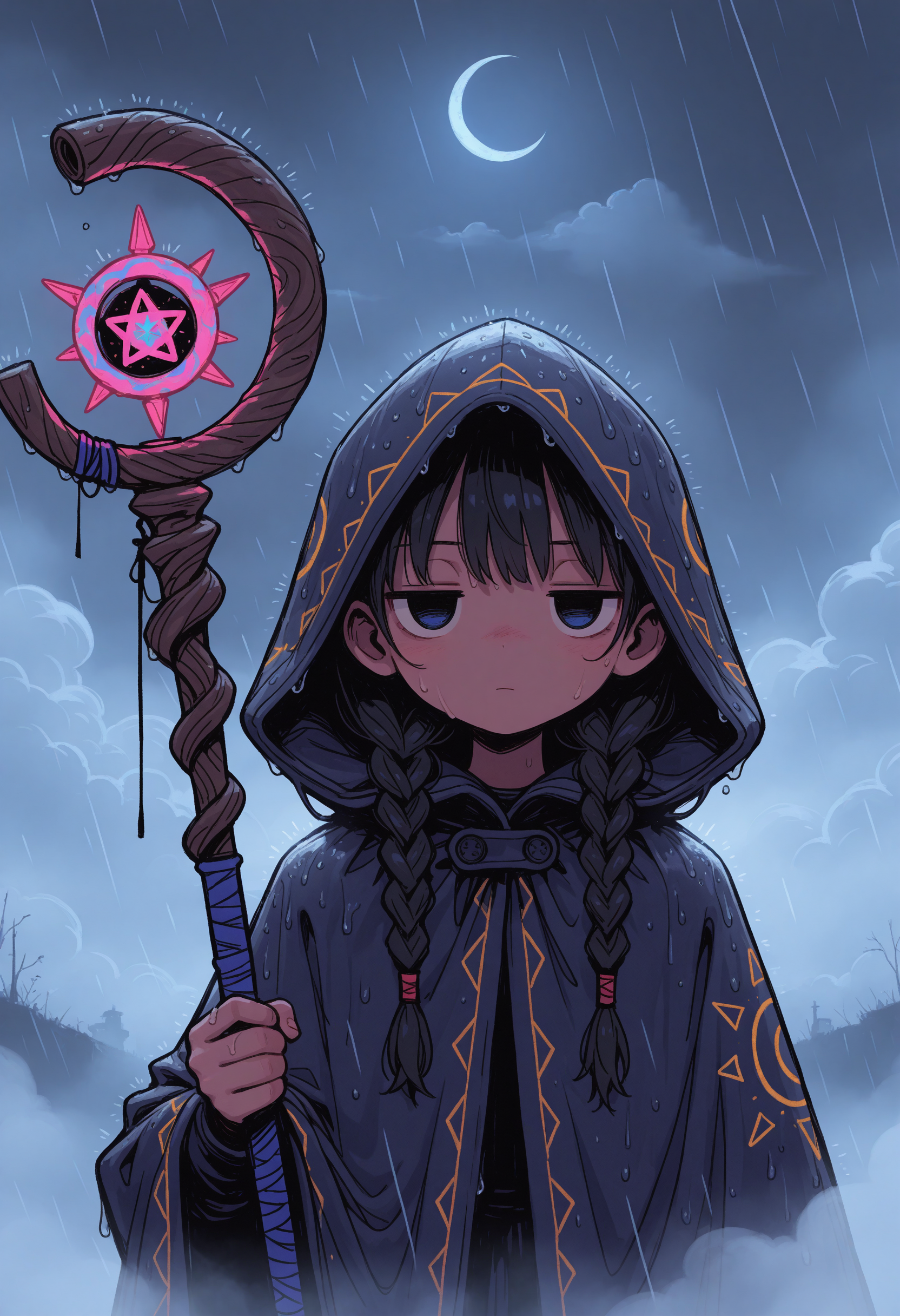 masterpiece, best quality, amazing quality, very aesthetic, high resolution, very awa,
1girl, face focus, twin braids, jitome, cloud, crescent moon, fog, holding mage staff, rain, hood up, cloak, [(realistic:0.5)::0.2],
, <lora:NOOB_EPSv1_1_detailer_by_vlnvk_v1_0:1>
, <lora:spo_sdxl_10ep_4k-data_lora_webui:.5>
,    <lora:Protoneon:1> Protoneon