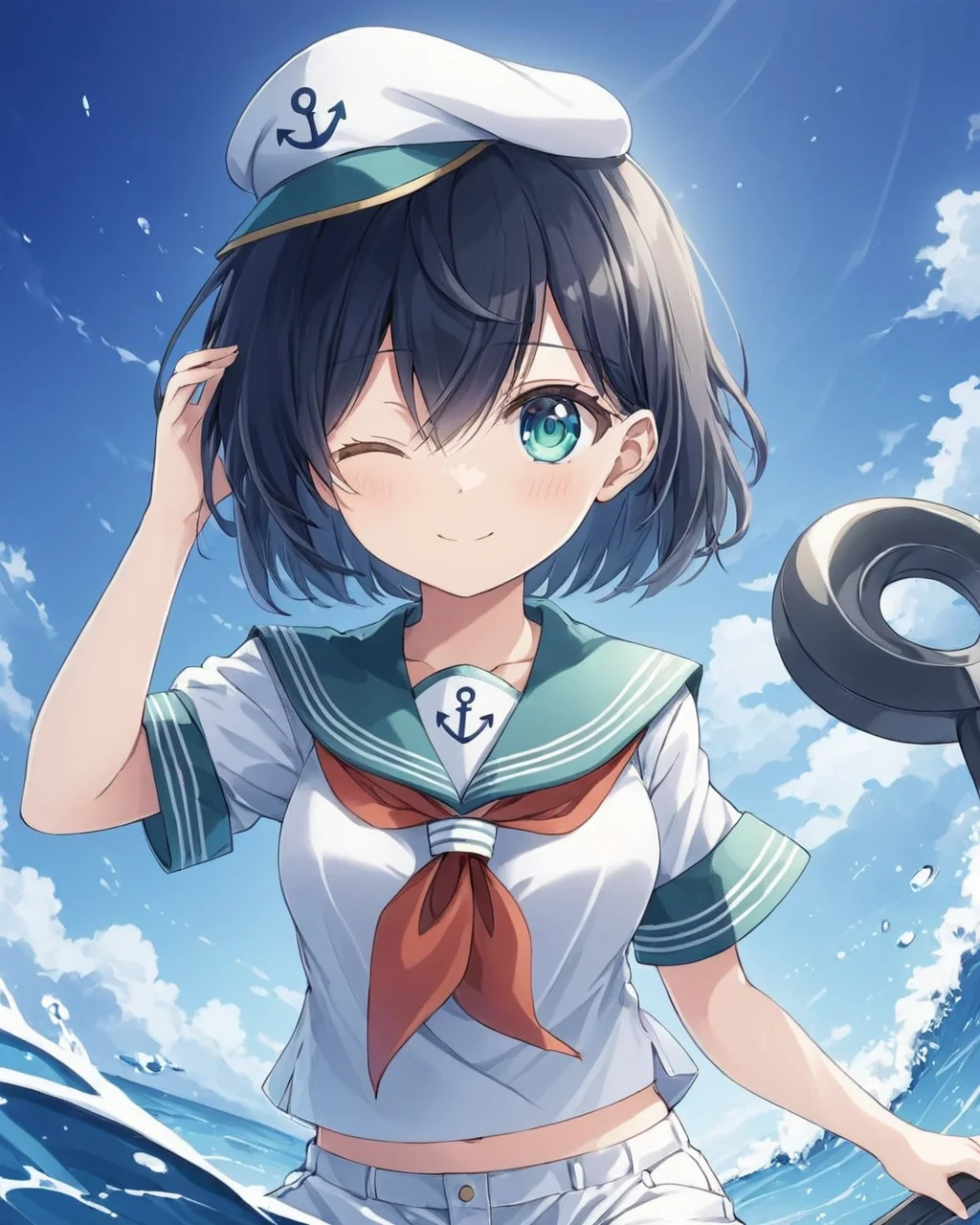 murasa minamitsu,1girl, solo, anchor, sailor_hat, smile, water, sailor, sun, white_shorts, looking_at_viewer, neckerchief, covering_one_eye, sailor_collar, short_sleeves, one_eye_covered
<lora:murasa_minamitsu_image2637_2023-12-20-000008:1>,star-shaped_pupils,symbol-shaped_pupils,. gorgeous,key visual, vibrant, studio anime,award-winning, professional, highly detailed,high budget, cinemascope
