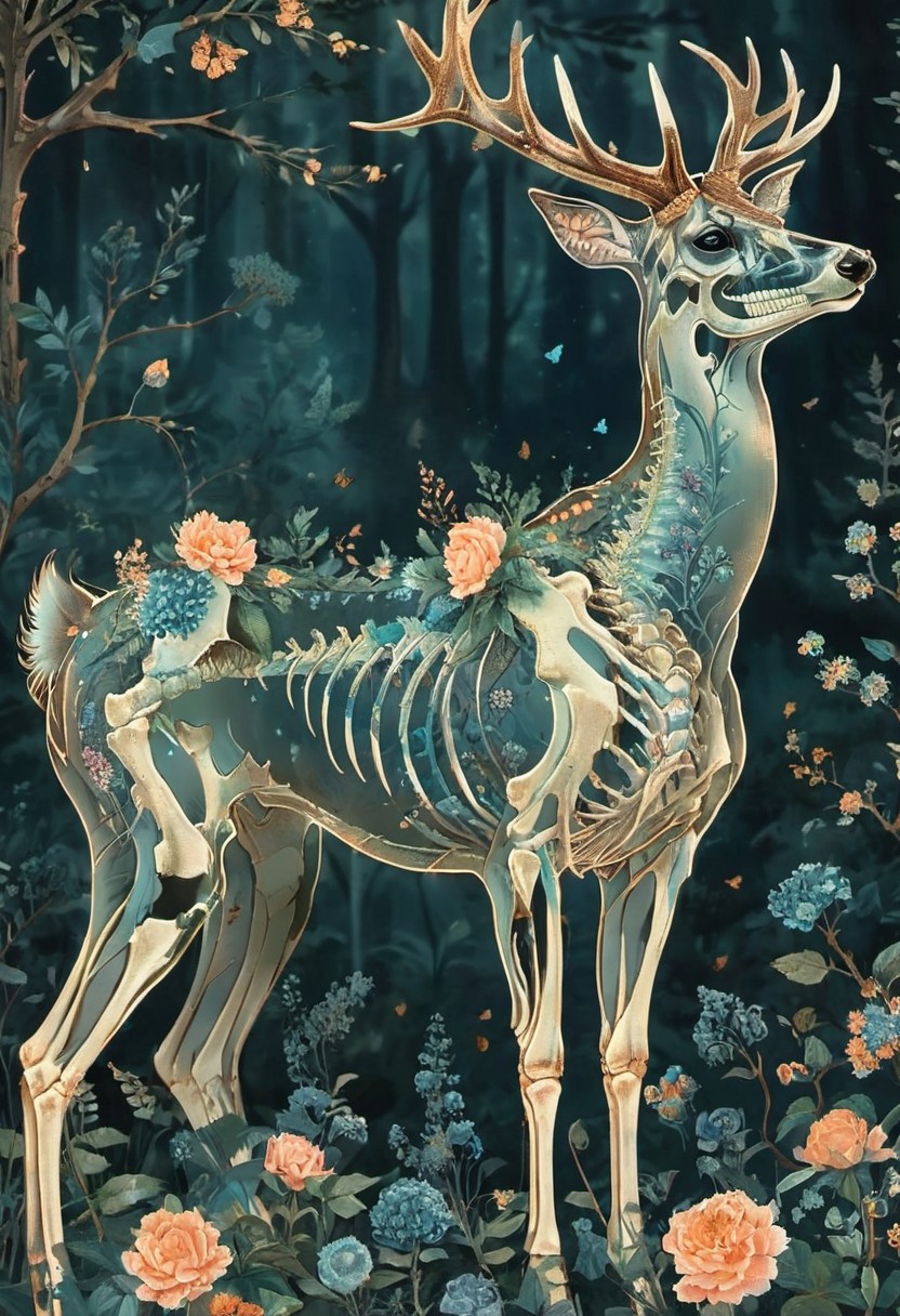 ral-granlum, A majestic deer with intricate blue floral patterns adorning its skeletal structure. The deer stands amidst a serene forest backdrop, surrounded by various trees, flowers, and butterflies. The color palette is dominated by soft pastels, with the deer's skeleton being the most prominent feature, contrasting beautifully with the floral elements.