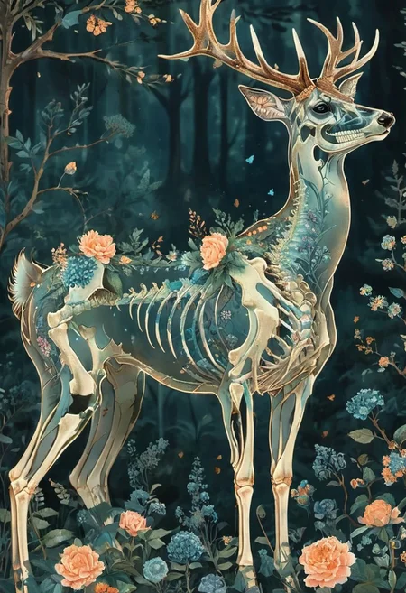 ral-granlum, A majestic deer with intricate blue floral patterns adorning its skeletal structure. The deer stands amidst a serene forest backdrop, surrounded by various trees, flowers, and butterflies. The color palette is dominated by soft pastels, with the deer's skeleton being the most prominent feature, contrasting beautifully with the floral elements.