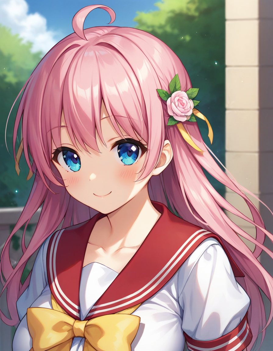 score_9,score_8_up,score_7_up,score_6_up BREAK official art,solo,outdoors,upper body,(portrait:1.5),looking at viewer,facing viewer,smile,blush,Nanase Momoka,ahoge,long hair,pink hair,hair flower,hair ornament,sidelocks,bangs,blue eyes,red sailor collar,plaid sailor collar,pink bow,yellow ribbon,white shirt,short sleeves,large breasts,red skirt,plaid skirt,frilled thighhighs,white thighhighs,loafers,<lora:Nanase Momoka(ip2)-Pony>,