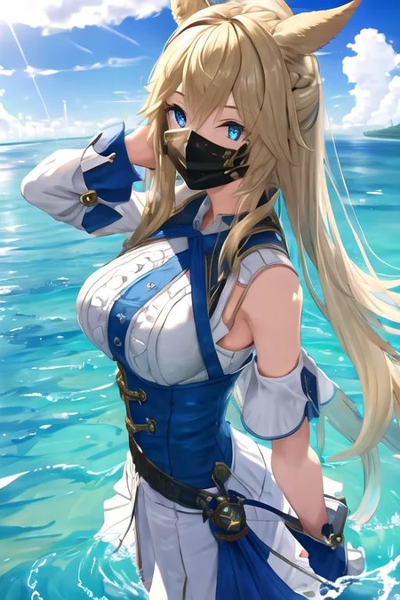 solo, 1girl, solo_focus, (((masterpiece))), ((best quality)), ((ultra-detailed)), ((too_many)):16, high resolution, absurdres, highres, ultra-detailed 8k unity wallpaper, 
1girl, blue eyes, closed mouth, cloud, ffxiv trailer cg, long hair, medium breasts, mouth mask, water